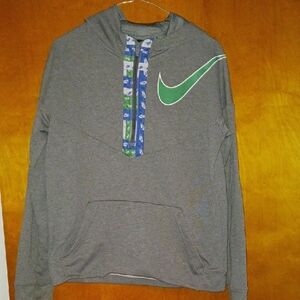 Nike Gray Hoodie with Green Swoosh and Blue Accents